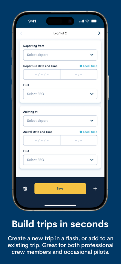 Screenshot of the FlightBridge app trip builder screen showing fields for departure airport, arrival airport, and FBO selection.