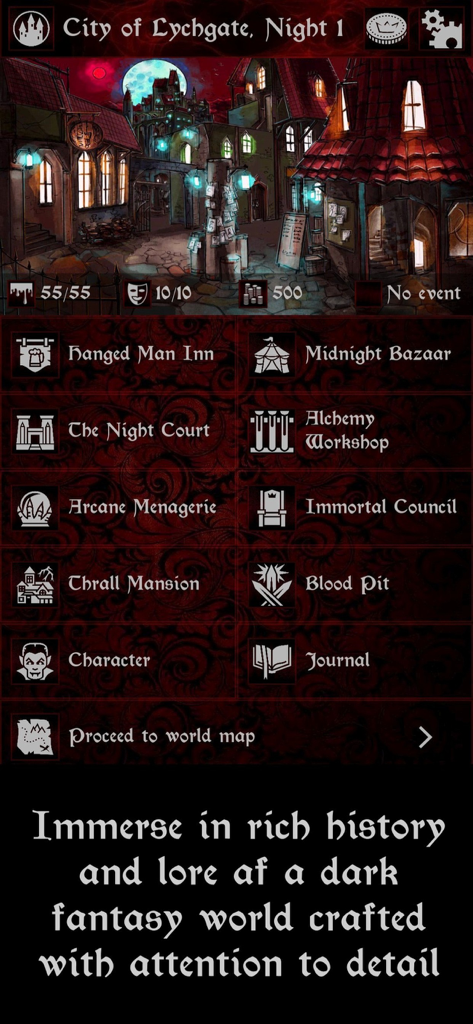 Grim Omens - Old School RPG - Captura de tela do menu da Cidade de Lychgate em Grim Omens RPG apresentando arte de fantasia sombria e vários locais do jogo.