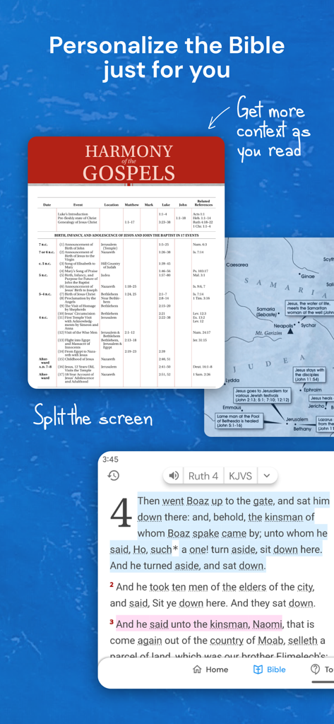 Bible app interface with Harmony of the Gospels table, biblical maps, and split screen study tools