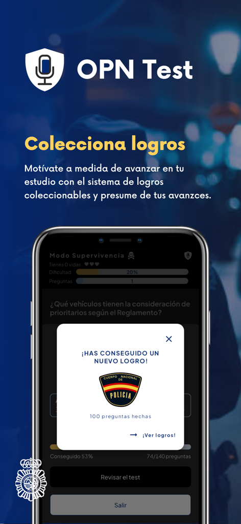 OPN Test Policía Nacional - Pantalla de logros de la aplicación OPN Test que muestra una insignia por completar 100 preguntas