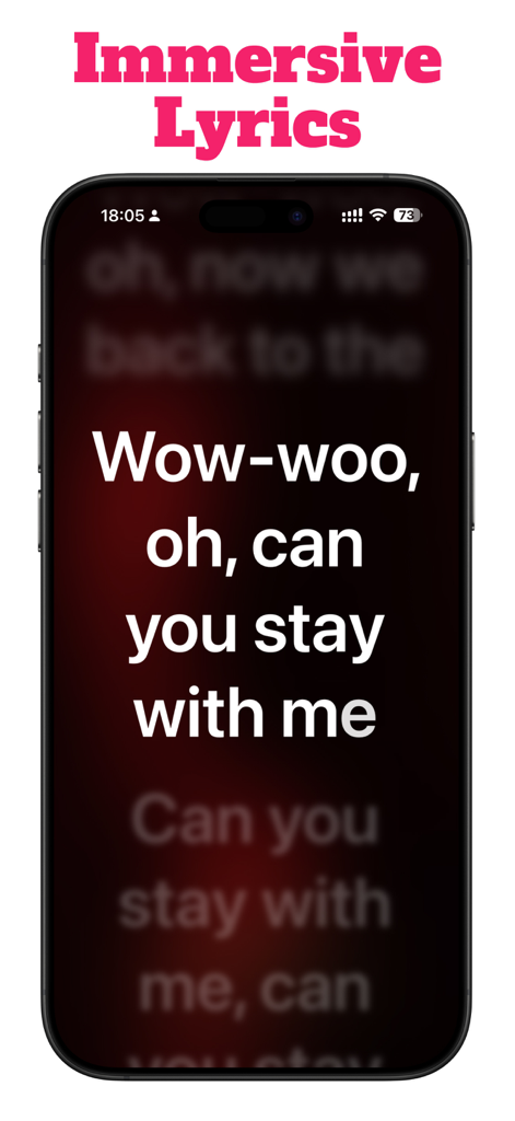 MusicPal: Your Music Assistant - iPhone screen showing the immersive lyrics feature in the MusicPal app with large white text on a dark background