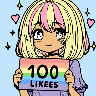 anima girl holding a 100 likes sign in her hand