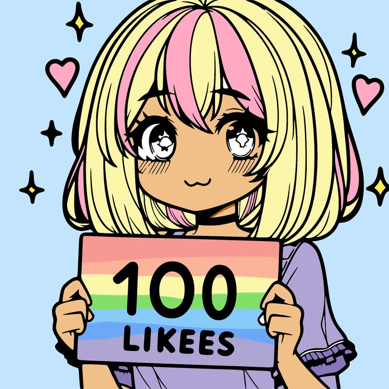 anima girl holding a 100 likes sign in her hand