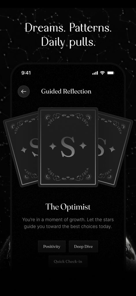 Starla - Call the Universe - 스타라 앱 가이드 반영 인터페이스. '낙천주의자'를 위한 일일 카드 뽑기 표시.