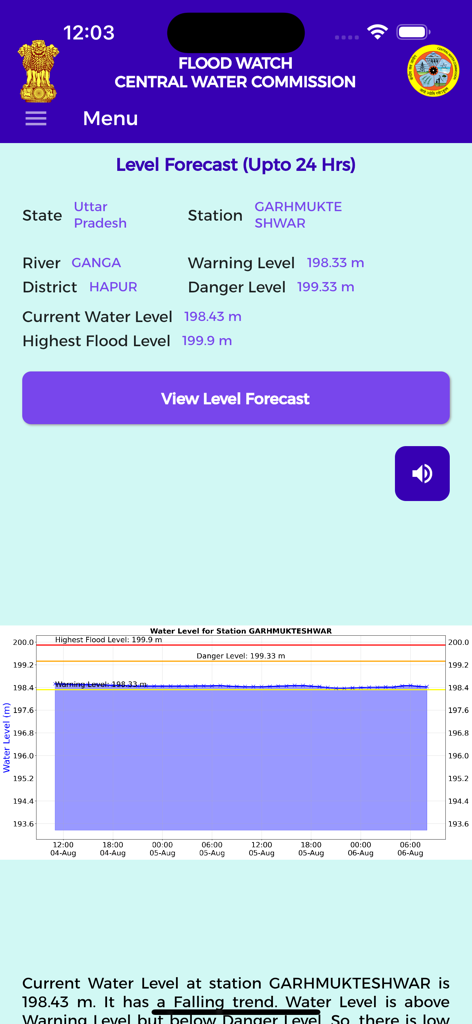 FloodWatch India mobile app displaying current water level and forecast for the Ganga river station