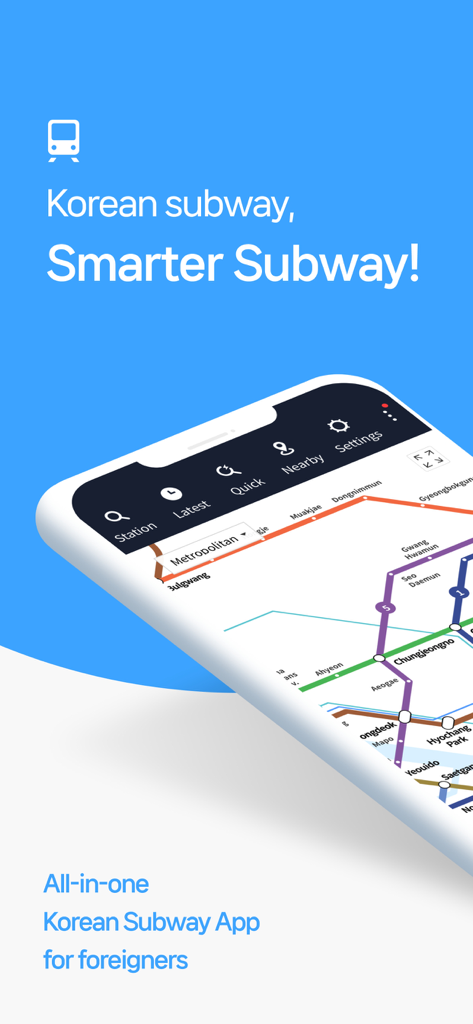 Smartphone screen showing the Smarter Subway app with an English metro map of Seoul