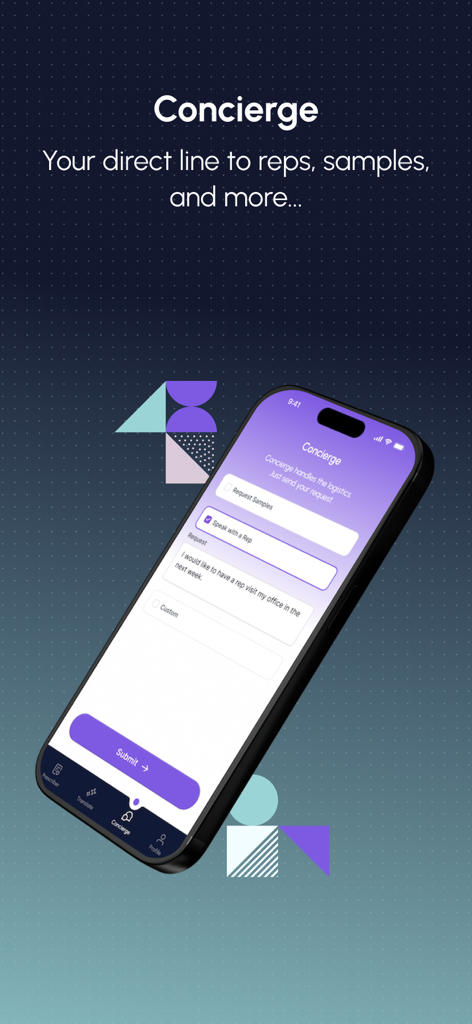 DocUpdate - Écran du service de conciergerie de l'application DocUpdate pour demander des échantillons médicaux et des visites de représentants pharmaceutiques