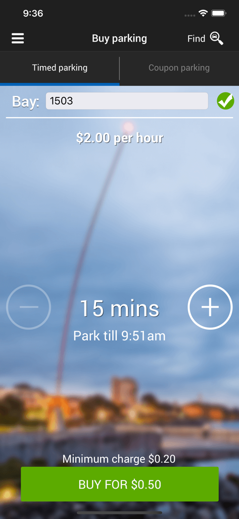PayMyPark app screen for buying timed parking for a specific bay