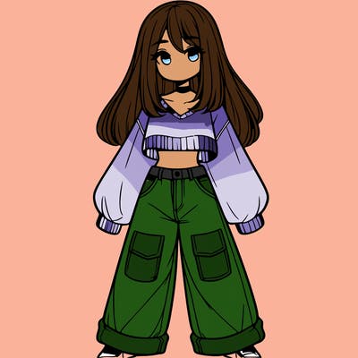 cute girl with straight hair in baggy jeans and a crop top and a sweater