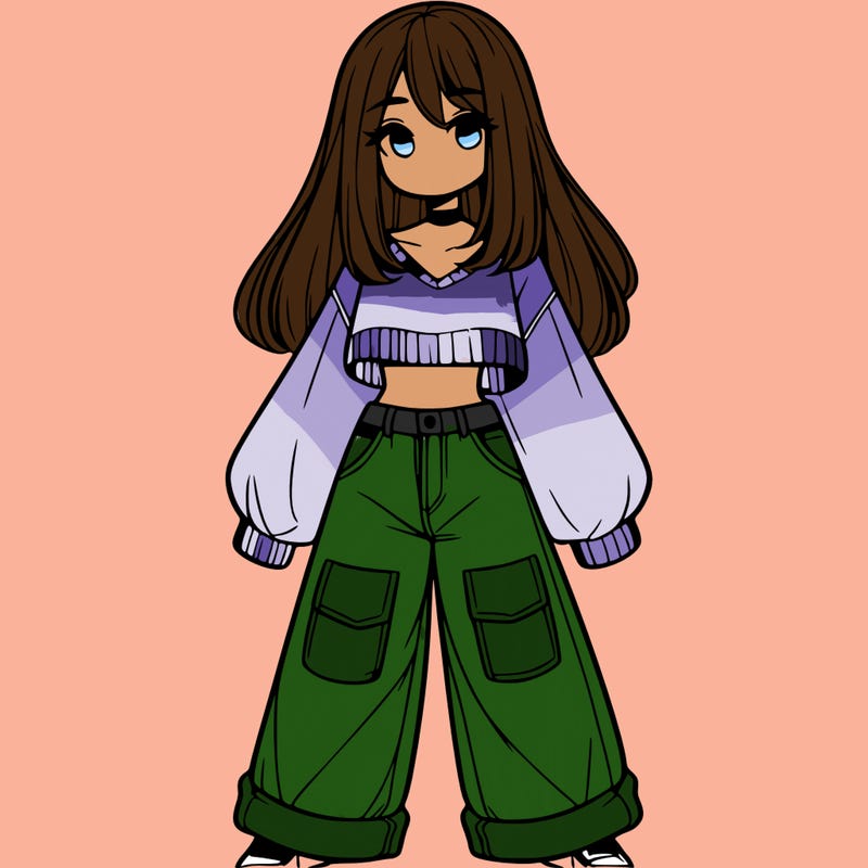 cute girl with straight hair in baggy jeans and a crop top and a sweater