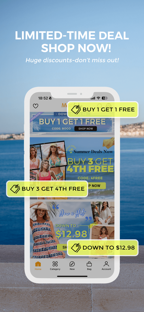 Modlily-Online Shopping - Interfaccia dell'app Modlily che mostra offerte di moda a tempo limitato e sconti stagionali sull'abbigliamento femminile