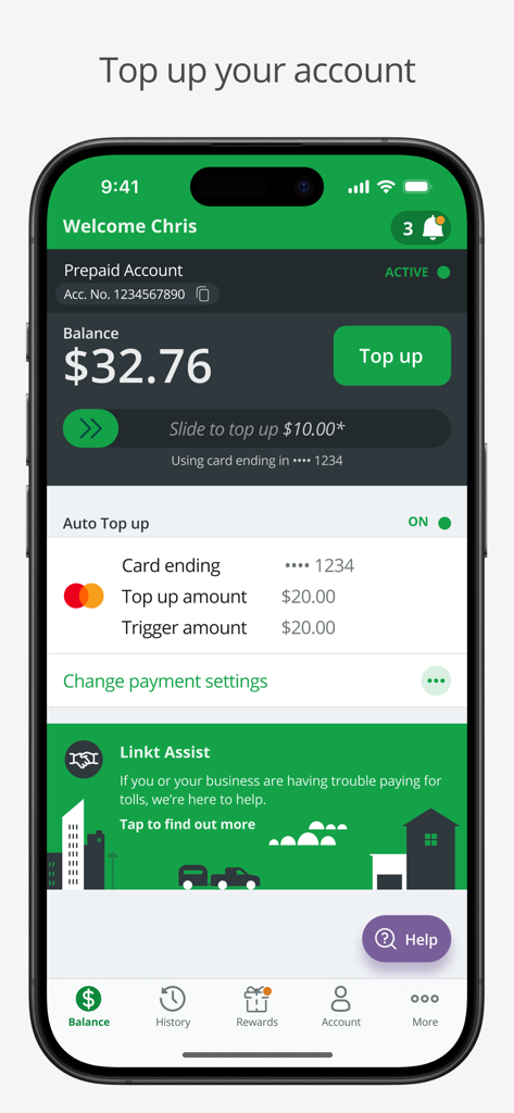 Linkt app interface showing account balance and top up options