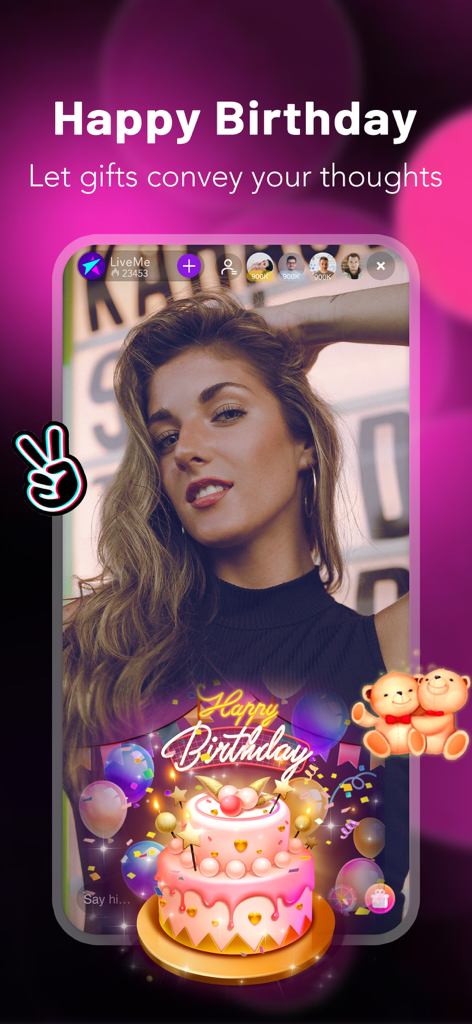 Interface of LiveMe app showing a woman live streaming with virtual birthday gifts like a cake and balloons