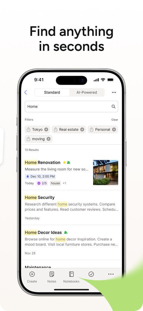 Evernote mobile app search interface showing results for home related notes with tags and filters