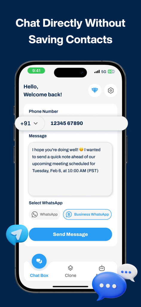Interfaz de la aplicación Dual Space mostrando la función de chat directo para WhatsApp sin guardar contactos