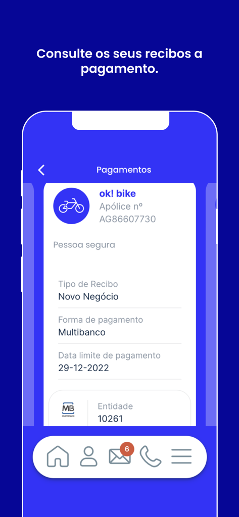 Interface do aplicativo móvel ok! seguros mostrando recibos de pagamento e informações de apólices para seguro de bicicleta.