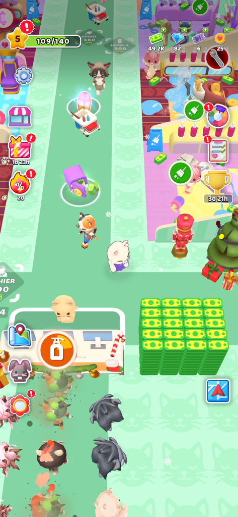 Purrfect Cat Club: Pet Salon - Vista de juego cenital de un salón de mascotas de gatos con varias estaciones de aseo y montones de monedas