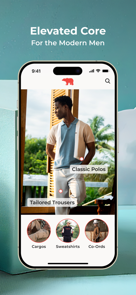 The Bear House app interface featuring elevated core menswear for modern professionals