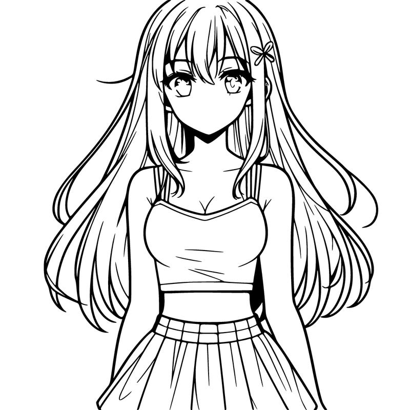 a teen anima girl with long hair and a crop top and skirt