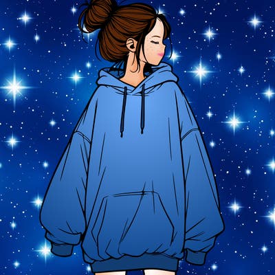 realistic girl with a oversized sweatshirt on and a bun
