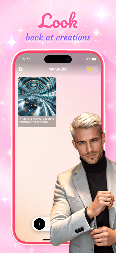 Suto: Share Your Prompt Art - Suto app screen showing a saved AI image of a futuristic car in the My Studio gallery