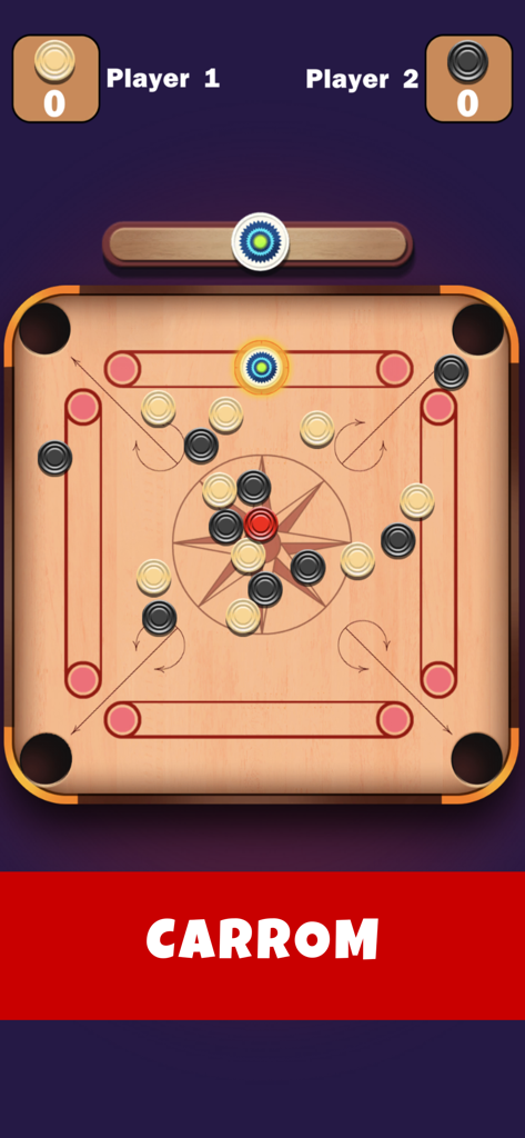 Digital carrom board game interface for two players in the Offline Games app.