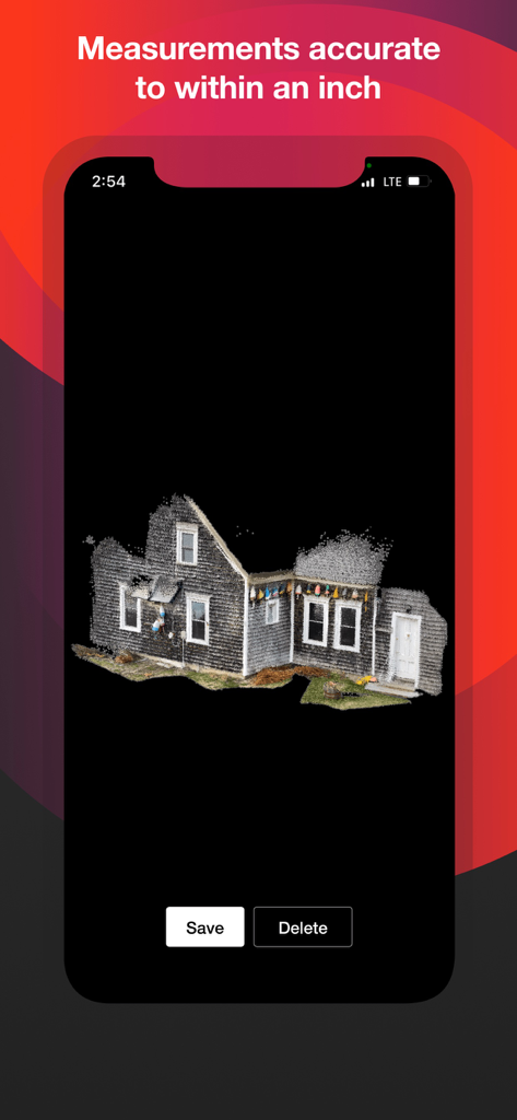 A 3D LiDAR point cloud scan of a wooden house shown on an iPhone screen.