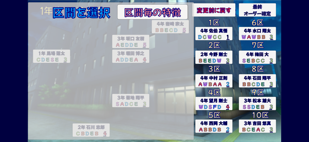 駅伝ホープ - 개별 스탯과 함께 10개의 서로 다른 릴레이 구간에 배정된 선수들을 보여주는 에키덴 호프의 선수 관리 화면