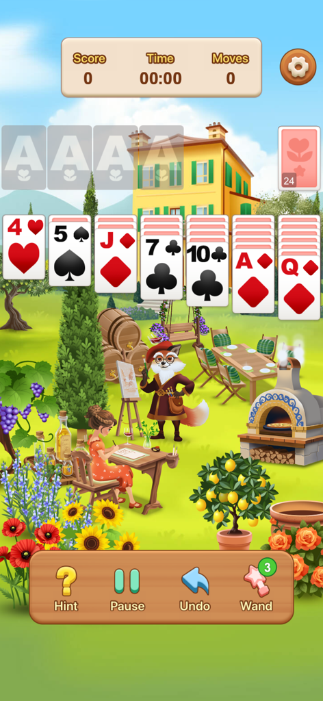 Cozy Garden - Plant Paradise - Juego de cartas solitario clásico con un vibrante fondo de jardín con un zorro artista y una niña en un escritorio.