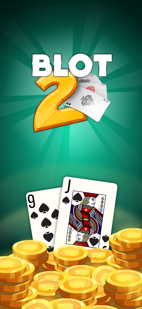 Blot 2 - Blot 2 mobile card game title screen with playing cards and gold coins
