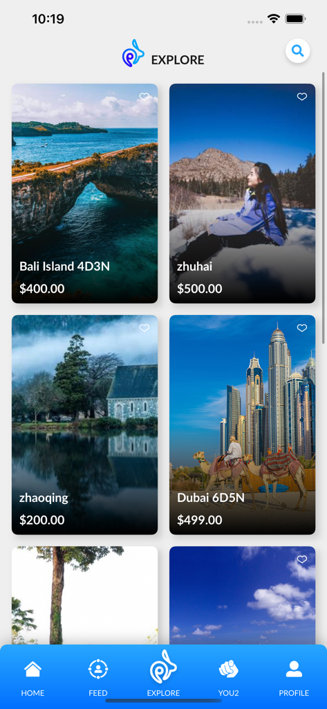 YOU2 - Der Explore-Bereich der YOU2-App zeigt verschiedene Reisepakete mit Preisen und Zielfotos.