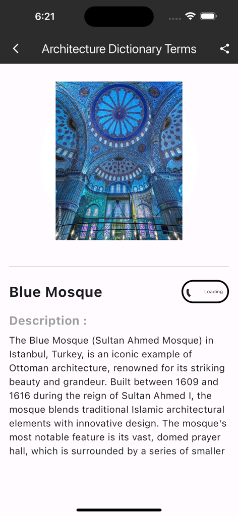 Seite der Architektur-Lexikon-Begriffe App mit der Geschichte und dem Innenraum der Blauen Moschee.