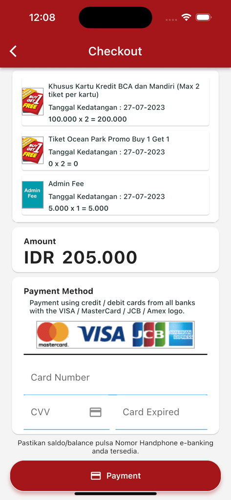 eMemberS By Sinar Mas Land - Checkout page of the eMemberS app showing ticket details, total amount in IDR, and payment method options for credit cards.