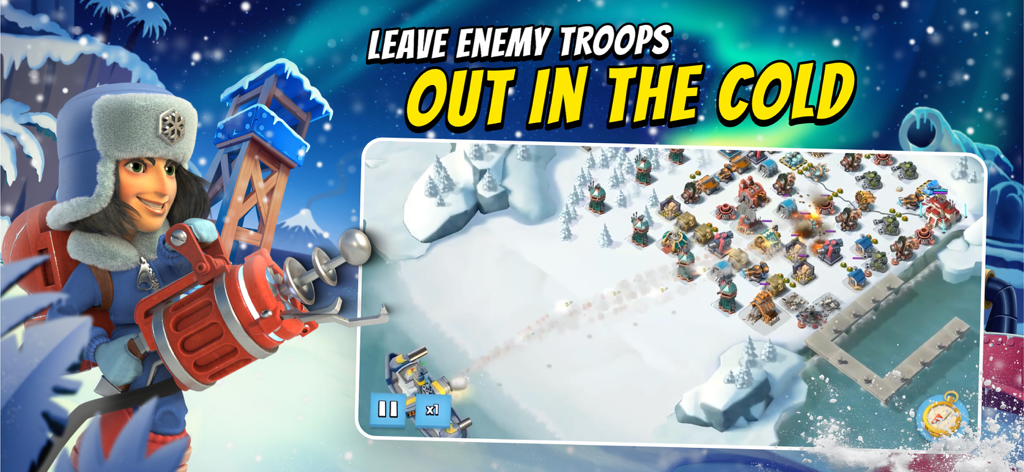 Jugabilidad de estrategia de Boom Beach con temática invernal, mostrando un ataque a una base nevada y un personaje con equipo ártico