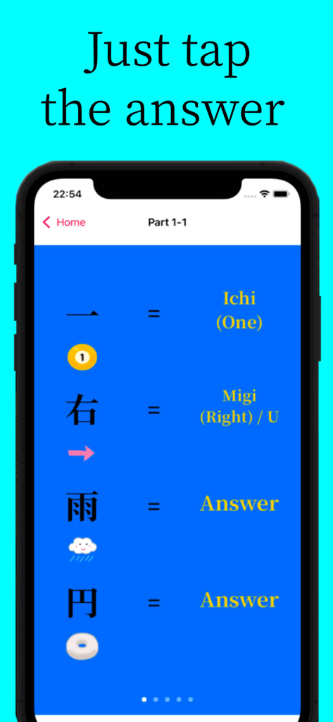 Japanese Kanji. - A mobile app interface for learning Japanese Kanji characters through simple tap-to-answer lessons.