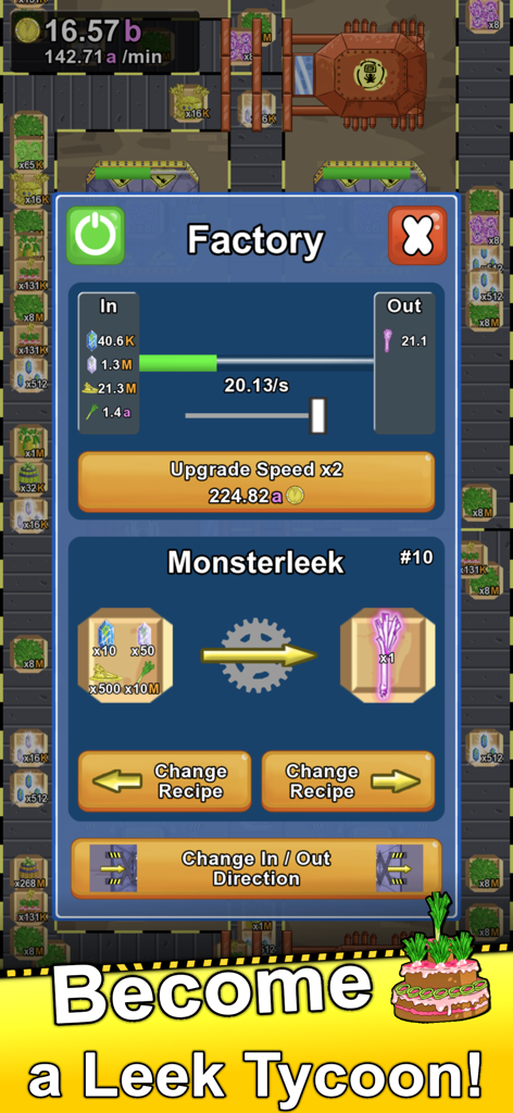 Leek Factory Tycoon - Managing a Monsterleek recipe and factory upgrades in Leek Factory Tycoon