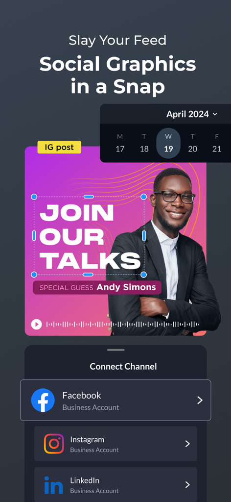 Visme - Presentation & Charts - Visme app interface for designing and scheduling social media posts across Facebook, Instagram, and LinkedIn.
