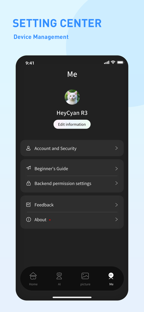 HeyCyan - User profile and device management settings screen in the HeyCyan companion app for smart glasses.