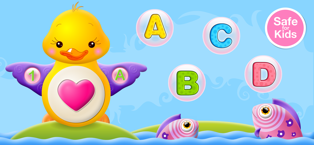 Educational music game interface for toddlers featuring a yellow duckling and colorful alphabet bubbles