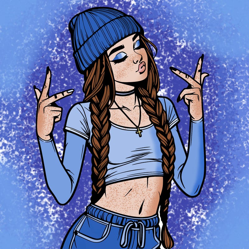 realistic teenage girl with braids and a beanie and crop top doing 🫶🏼