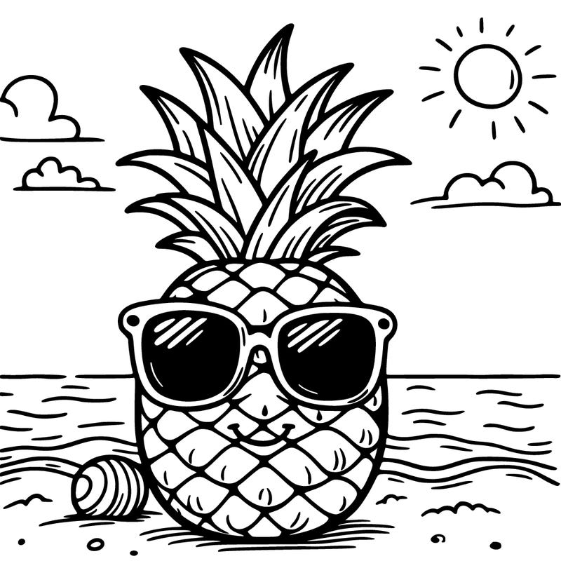 a pineapple wearing sunglasses at the beach