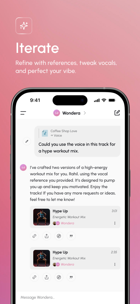 Wondera - AI for Music - Wondera app interface showing a chat conversation with an AI agent to create a high-energy workout music mix