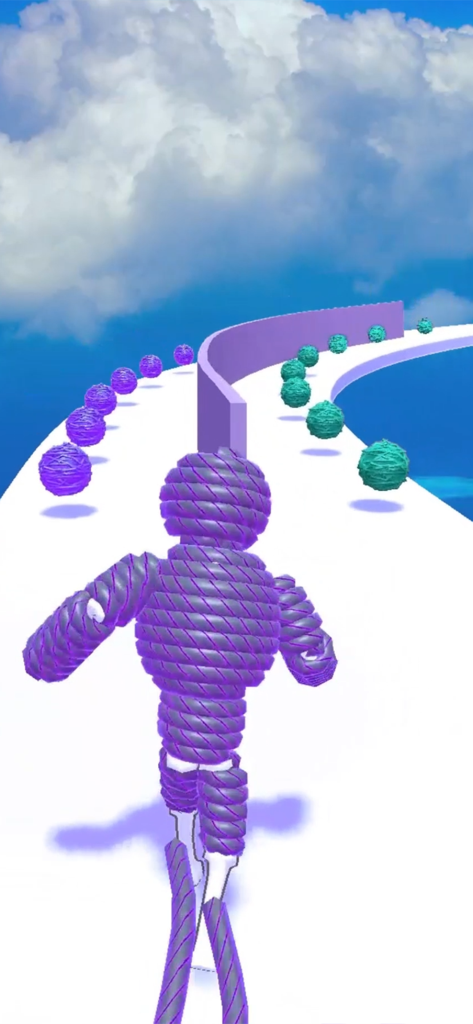 Rope Man: Monster Battle Run - Personaje de cuerda morado corriendo y recogiendo ovillos de hilo de colores en una pista en el cielo