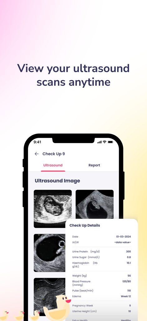 Interfaz de la aplicación Flabee Care que muestra imágenes de ultrasonido del embarazo e informes de exámenes médicos.