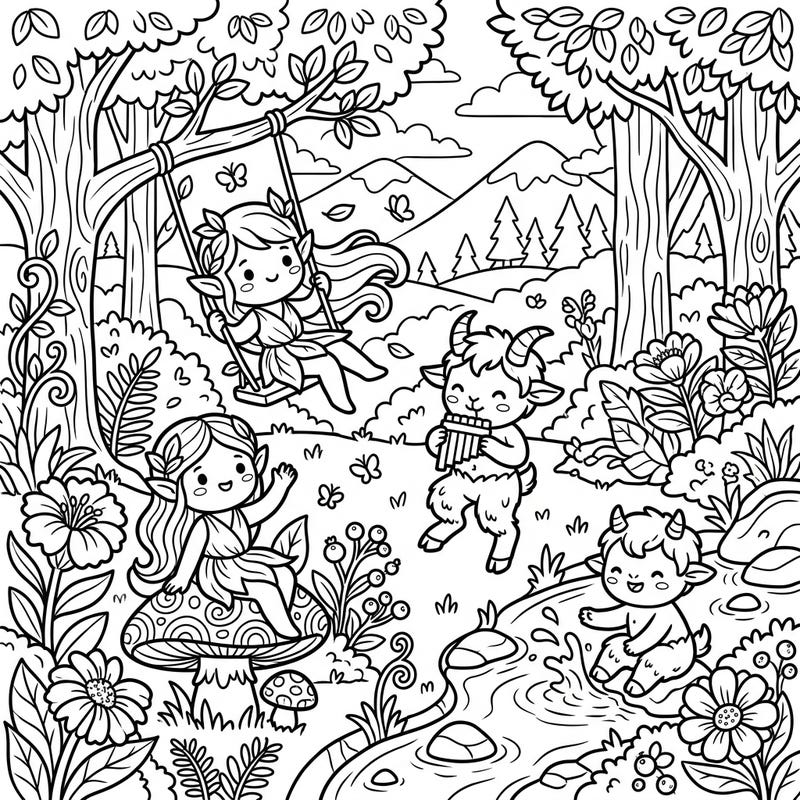 Step into a whimsical forest filled with playful Nymphs and mischievous Satyrs, all rendered in an irresistibly cute Kawaii style. This delightful coloring page promises hours of creative joy as you bring these magical woodland creatures to life.