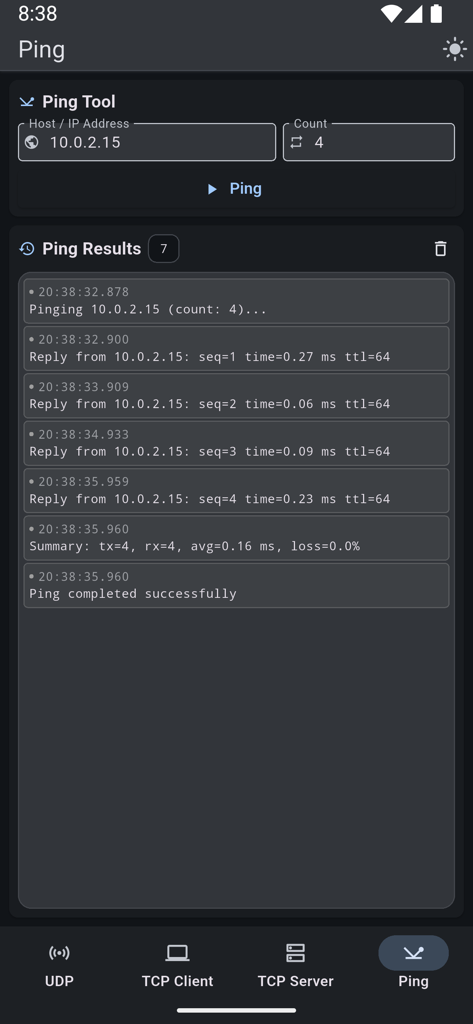 Network ping tool interface showing successful packet response times and latency statistics in dark mode