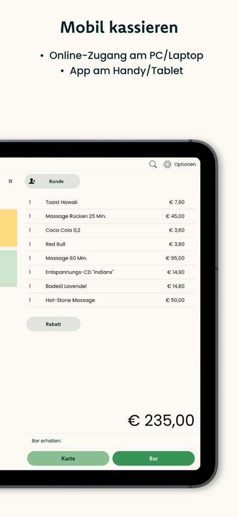 kassemo Registrierkasse - Mobile Point-of-Sale-Checkout-Oberfläche auf einem Tablet-Gerät