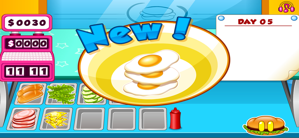 Go Fast Cooking Sandwiches - A screenshot of the Go Fast Cooking Sandwiches game interface showing a new fried eggs ingredient unlocked on a yellow plate
