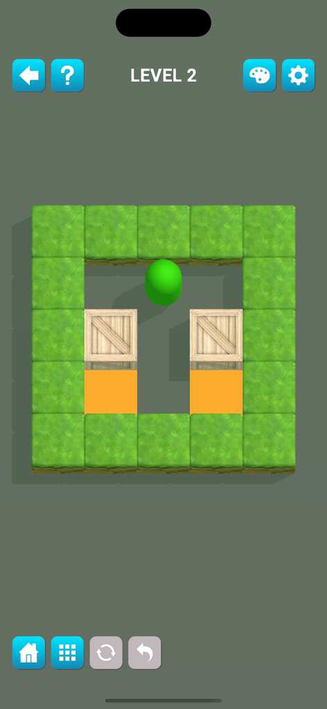 Puzzledom 3D - A 3D minimalist Sokoban puzzle featuring a green sphere character and wooden crates on a grid