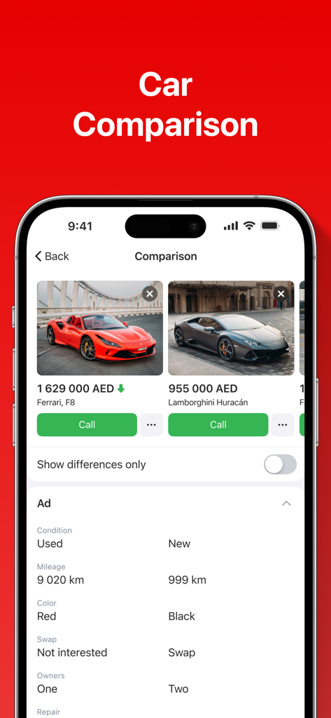 AUTO.AE: Buy & Sell Cars - Mobile app interface showing a side by side comparison of a Ferrari and a Lamborghini with detailed specs